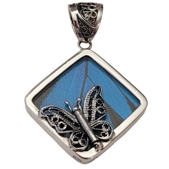 Sterling Silver Butterfly Charm, Blue Wing Large Filigree Bale Pendant E584 - Picture 2 of 9